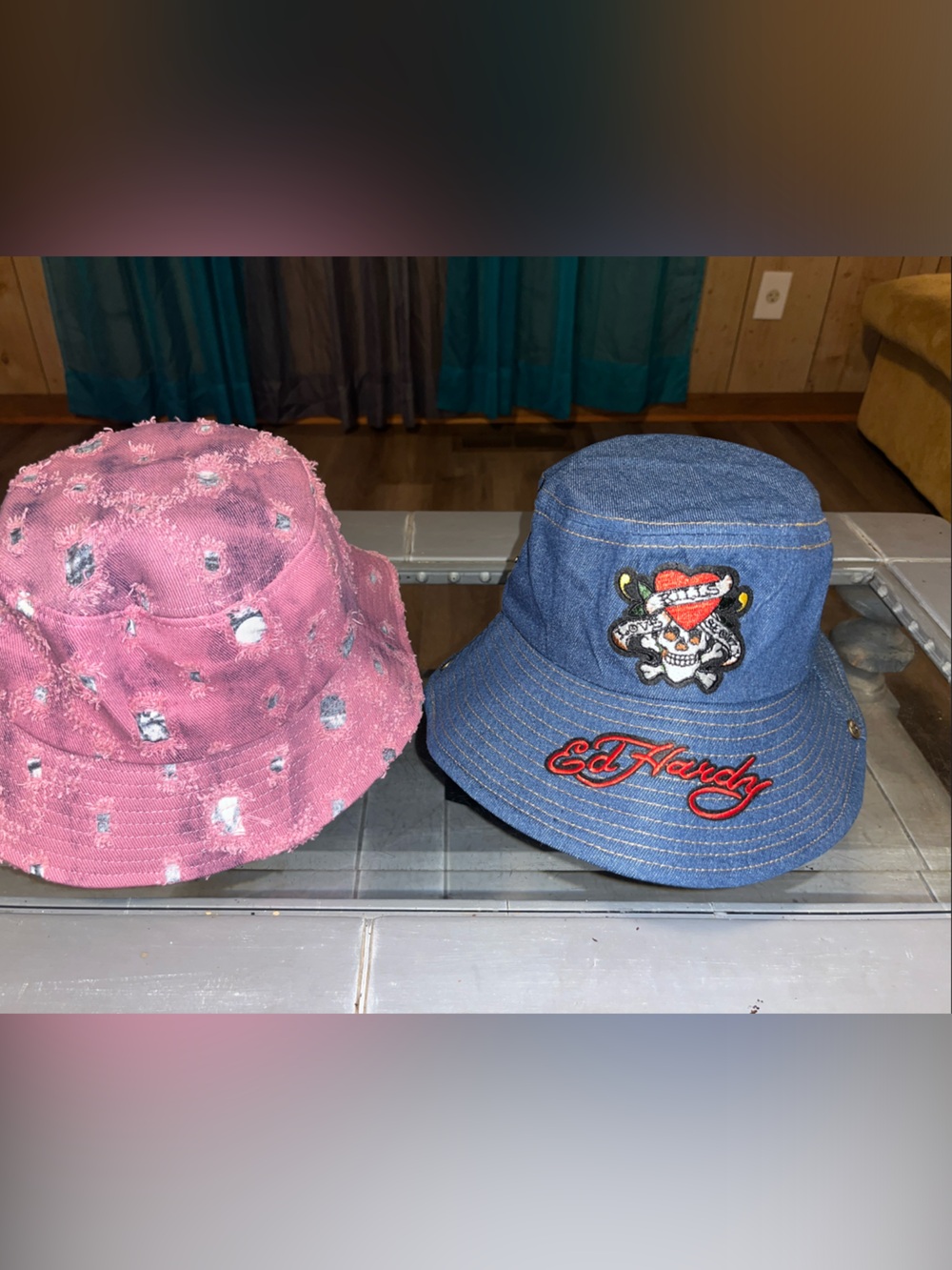 Ed Hardy Blue Denim Bucket Hat with Red Embroidery